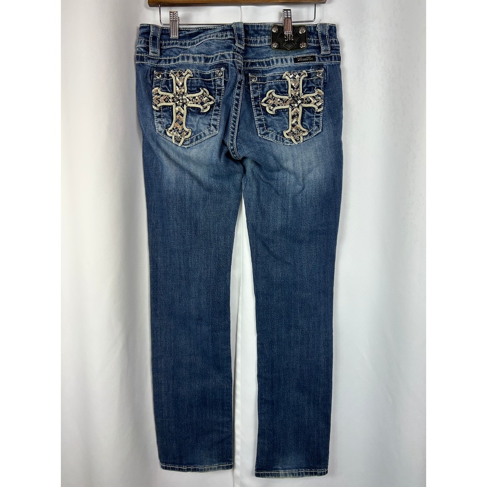 Miss Me Signature Rise Straight Dark Wash Rhinestone Cross Jeans Size 30